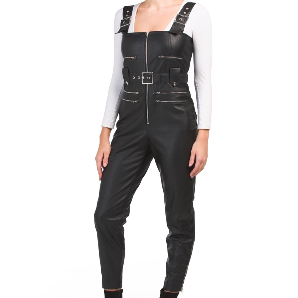 WE WORE WHAT FAUX LEATHER BLACK MOTO OVERALLS SIZE EXTRA SMALL NEW WITH TAGS